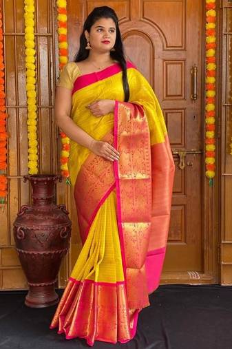 Yellow pink soft silk blend banarasi jacuard work designer party wear saree with unstitched blouse piece