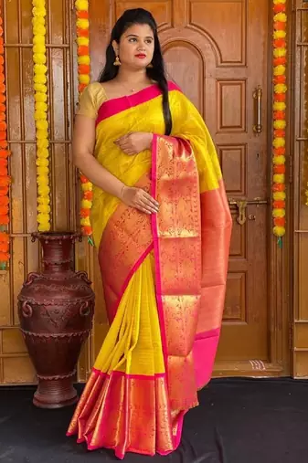 Yellow pink soft silk blend banarasi jacuard work designer party wear saree with unstitched blouse piece