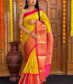 Yellow pink silk blend banarasi saree with unstitched blouse piece