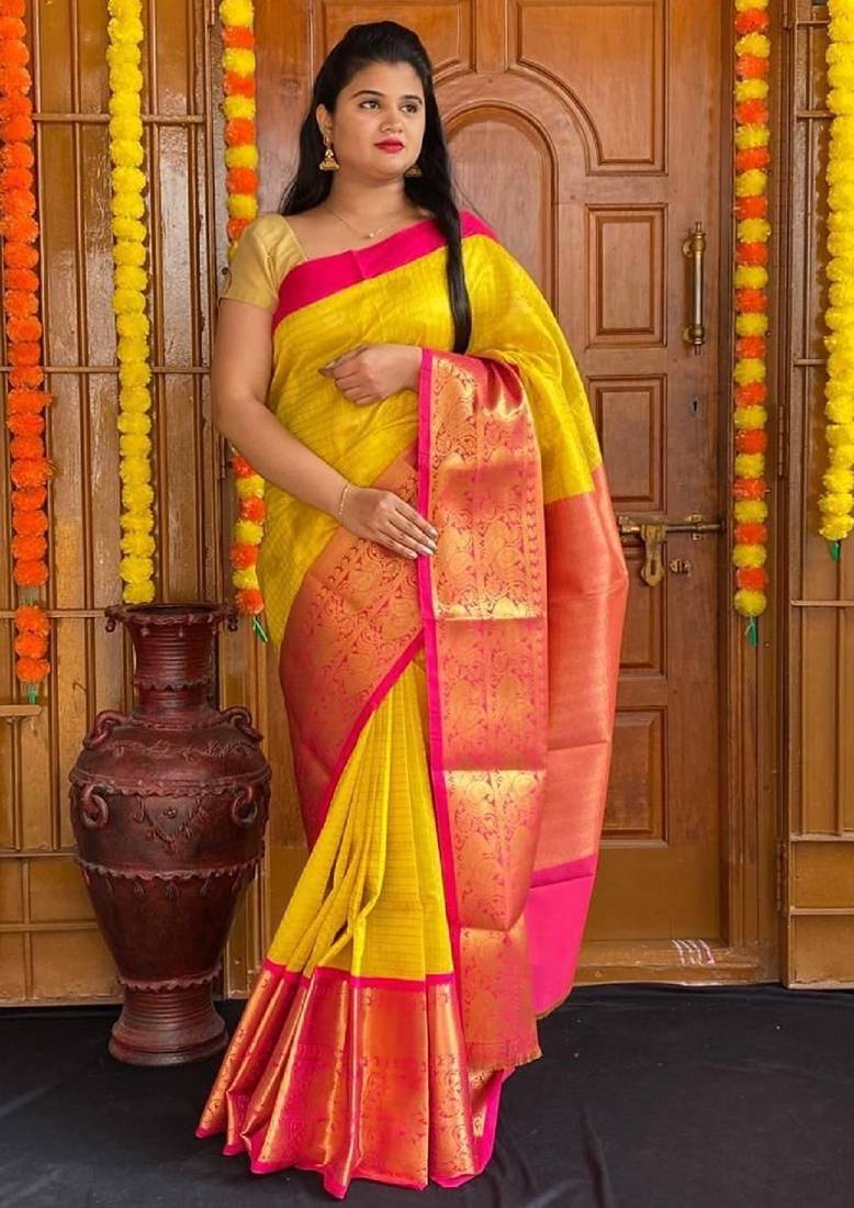 Yellow pink soft silk blend banarasi jacuard work designer party wear saree with unstitched blouse piece