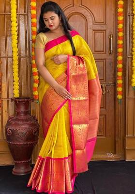 Yellow pink silk blend banarasi saree with unstitched blouse piece 2