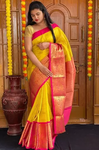 Yellow pink silk blend banarasi saree with unstitched blouse piece