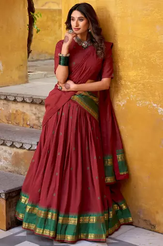 Lovely Maroon Zari Weaving Chanderi Wedding Wear Half Saree Lehenga