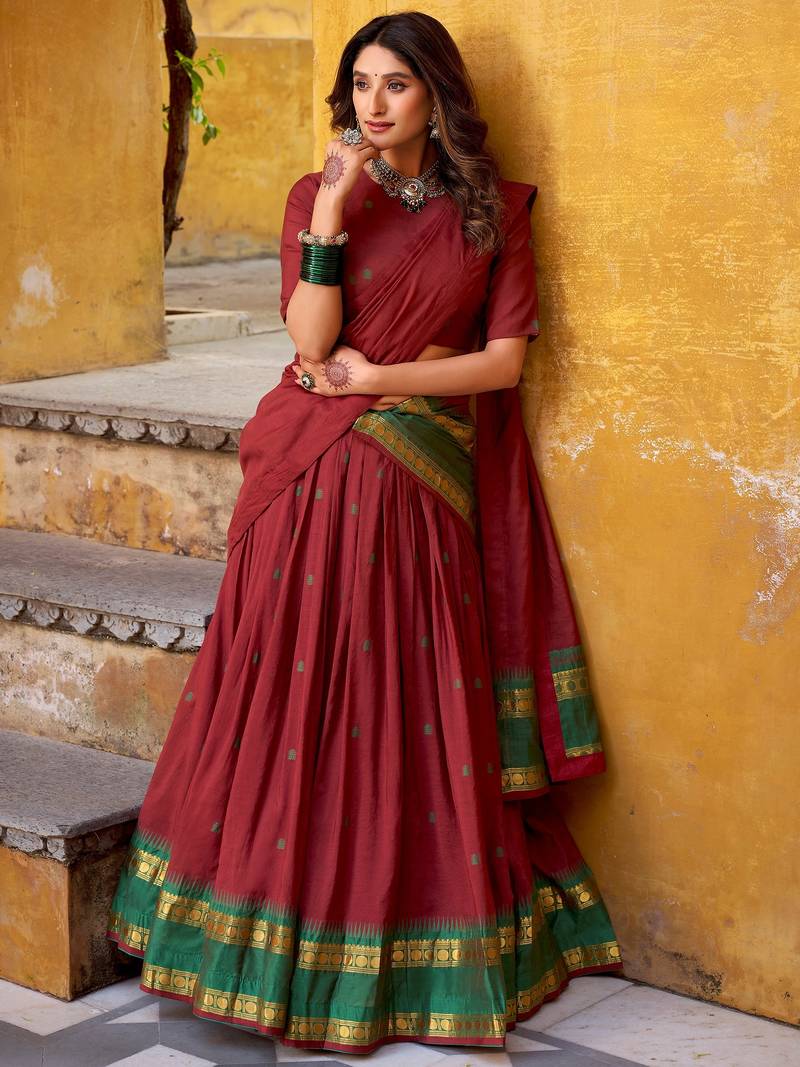 Lovely Maroon Zari Weaving Chanderi Wedding Wear Half Saree Lehenga