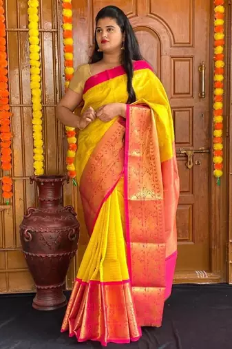 Yellow pink silk blend banarasi saree with unstitched blouse piece
