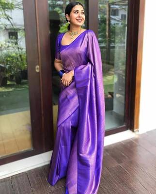 Blue silk blend banarasi saree with unstitched blouse piece 1
