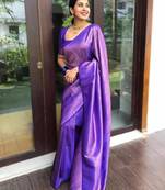 Blue silk blend banarasi saree with unstitched blouse piece