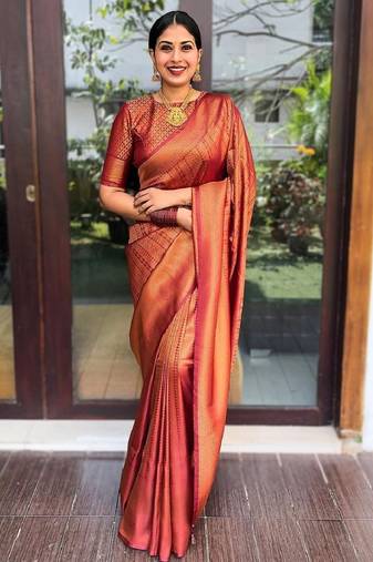 Orange soft silk blend banarasi jacuard work designer party wear saree with unstitched blouse piece