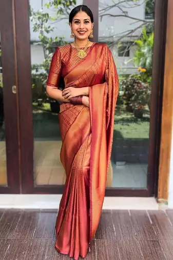 Orange soft silk blend banarasi jacuard work designer party wear saree with unstitched blouse piece