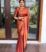 Orange silk blend banarasi saree with unstitched blouse piece