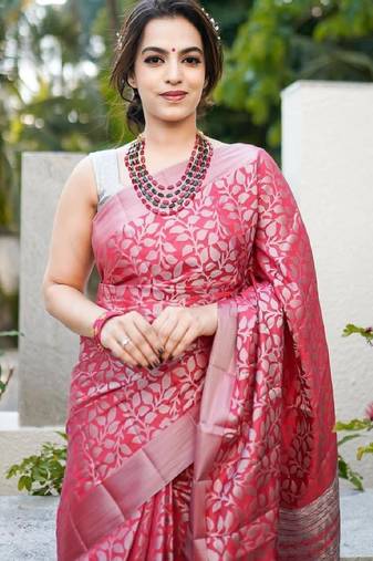 Pink soft silk blend banarasi jacuard work designer party wear saree with unstitched blouse piece