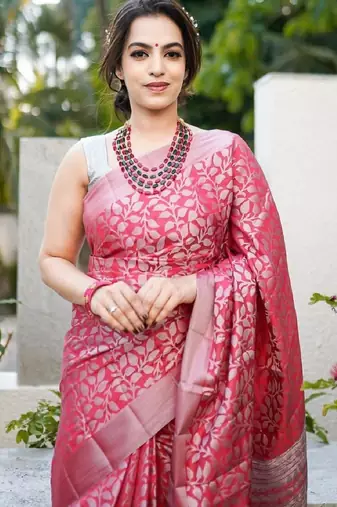 Pink soft silk blend banarasi jacuard work designer party wear saree with unstitched blouse piece