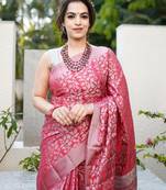 Pink silk blend banarasi saree with unstitched blouse piece