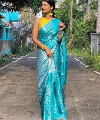 Sky blue silk blend banarasi saree with unstitched blouse piece 1