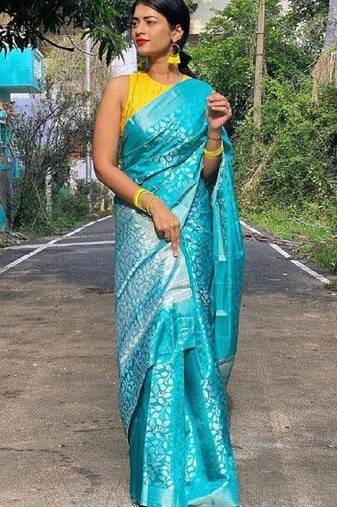 Sky blue soft silk blend banarasi jacuard work designer party wear saree with unstitched blouse piece