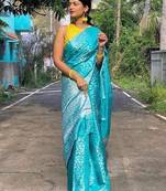 Sky blue soft silk blend banarasi jacuard work designer party wear saree with unstitched blouse piece