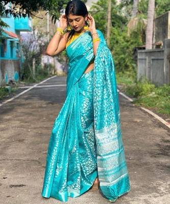 Sky blue silk blend banarasi saree with unstitched blouse piece 2