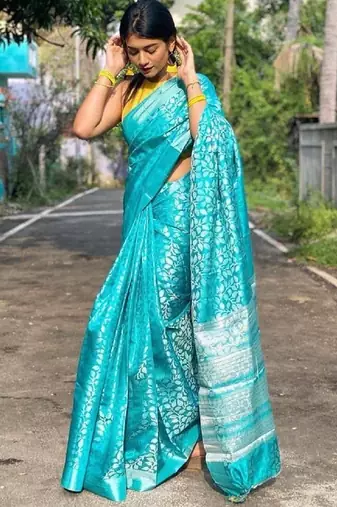Sky blue silk blend banarasi saree with unstitched blouse piece