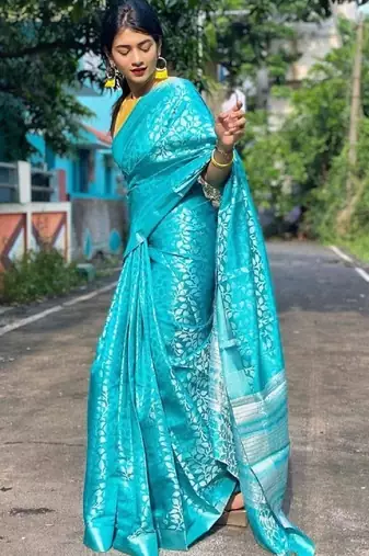 Sky blue silk blend banarasi saree with unstitched blouse piece