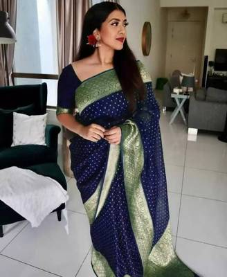 Blue silk blend banarasi saree with unstitched blouse piece 1