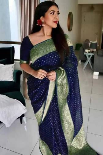 Blue soft silk blend banarasi jacuard work designer party wear saree with unstitched blouse piece