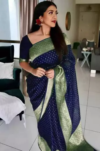 Blue soft silk blend banarasi jacuard work designer party wear saree with unstitched blouse piece