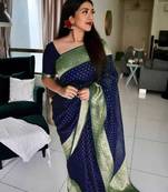 Blue silk blend banarasi saree with unstitched blouse piece
