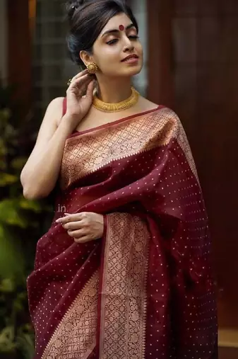 Maroon soft silk blend banarasi jacuard work designer party wear saree with unstitched blouse piece