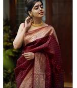 Maroon silk blend banarasi saree with unstitched blouse piece