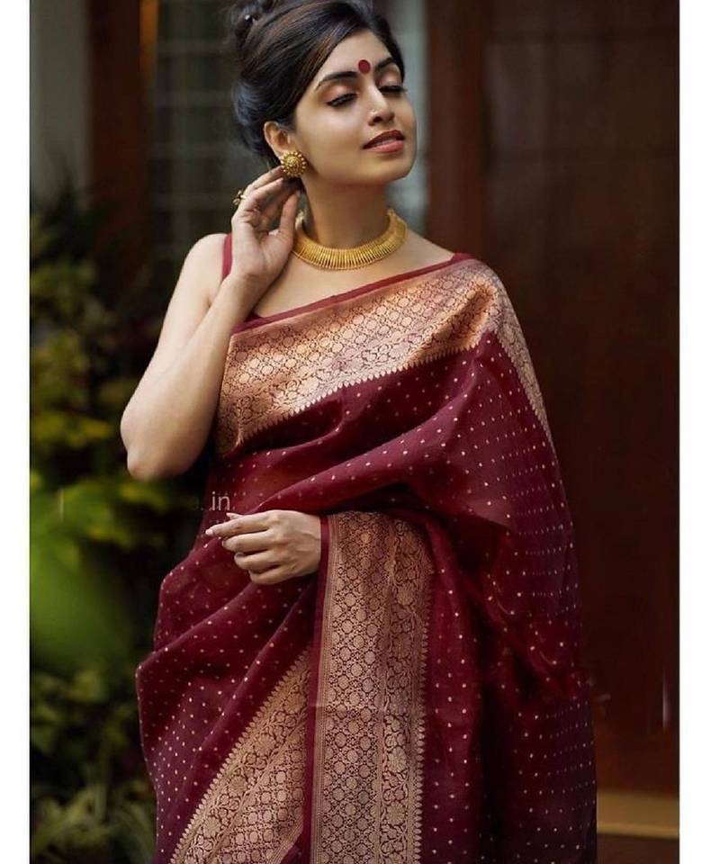 Maroon soft silk blend banarasi jacuard work designer party wear saree with unstitched blouse piece