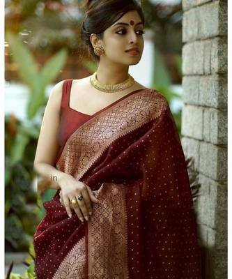 Maroon silk blend banarasi saree with unstitched blouse piece 2