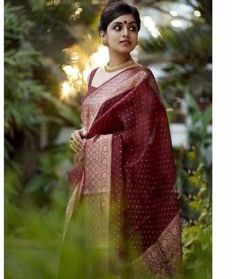 Maroon silk blend banarasi saree with unstitched blouse piece 3