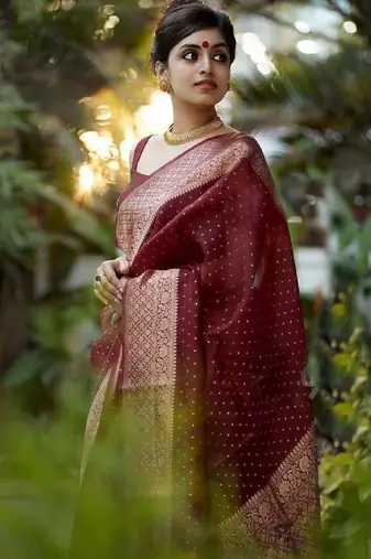 Maroon silk blend banarasi saree with unstitched blouse piece