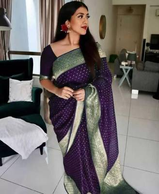 Wine silk blend banarasi saree with unstitched blouse piece 1