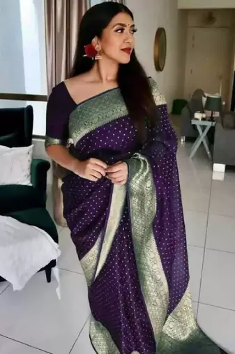 Wine soft silk blend banarasi jacuard work designer party wear saree with unstitched blouse piece