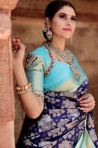 Blue turquoise soft silk blend banarasi jacuard work designer party wear saree with unstitched blouse piece