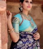 Blue turquoise silk blend banarasi saree with unstitched blouse piece