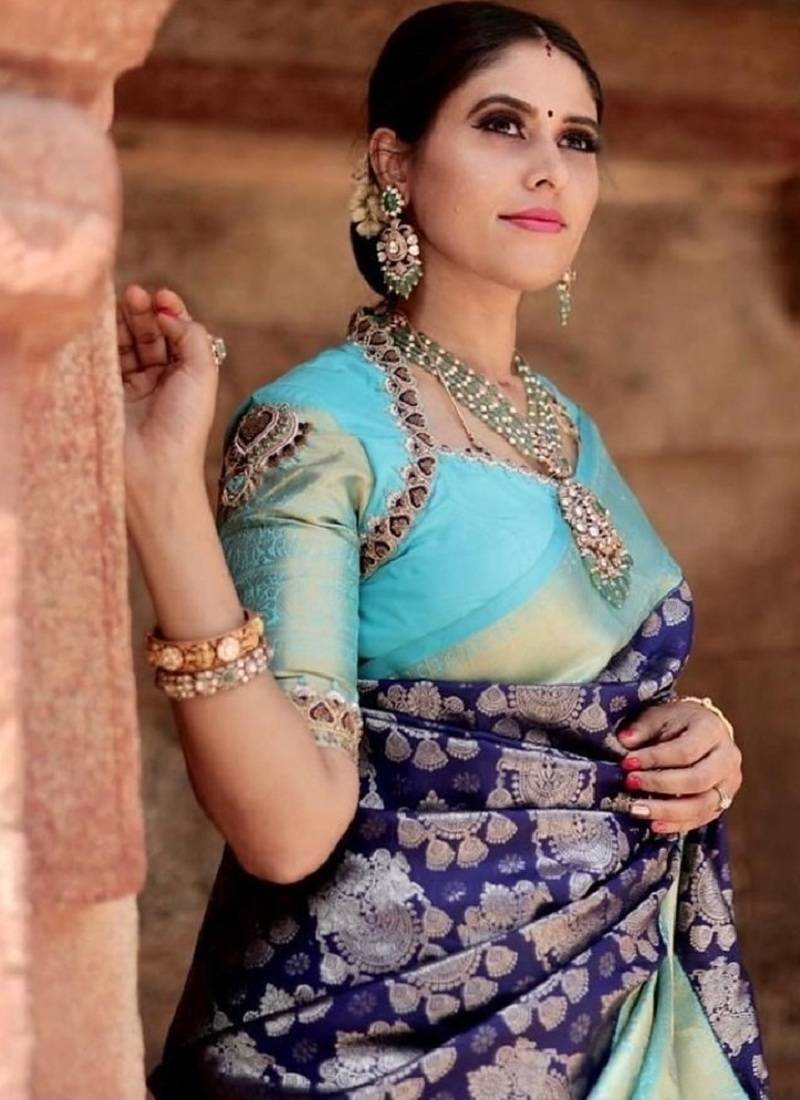 Blue turquoise soft silk blend banarasi jacuard work designer party wear saree with unstitched blouse piece