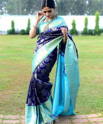 Blue turquoise silk blend banarasi saree with unstitched blouse piece 2