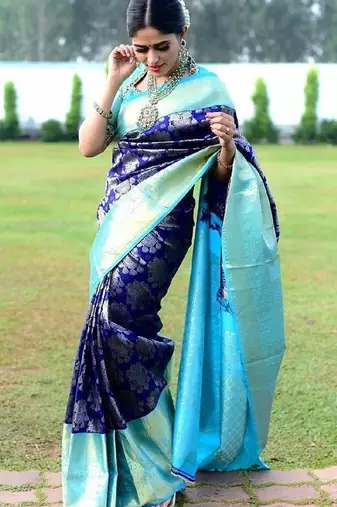 Blue turquoise silk blend banarasi saree with unstitched blouse piece