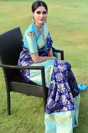 Blue turquoise silk blend banarasi saree with unstitched blouse piece