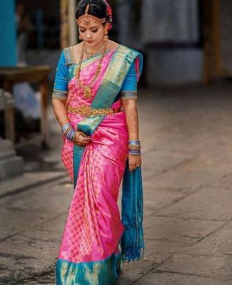 Pink turqoise silk blend banarasi saree with unstitched blouse piece 1