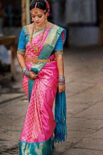 Pink turqoise soft silk blend banarasi jacuard work designer party wear saree with unstitched blouse piece