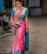 Pink turqoise silk blend banarasi saree with unstitched blouse piece