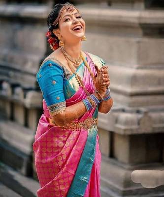 Pink turqoise silk blend banarasi saree with unstitched blouse piece 2