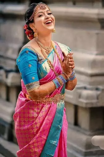 Pink turqoise silk blend banarasi saree with unstitched blouse piece