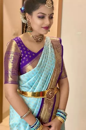 Sky blue purple soft silk blend banarasi jacuard work designer party wear saree with unstitched blouse piece