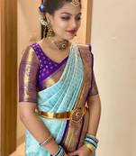 Sky blue purple silk blend banarasi saree with unstitched blouse piece