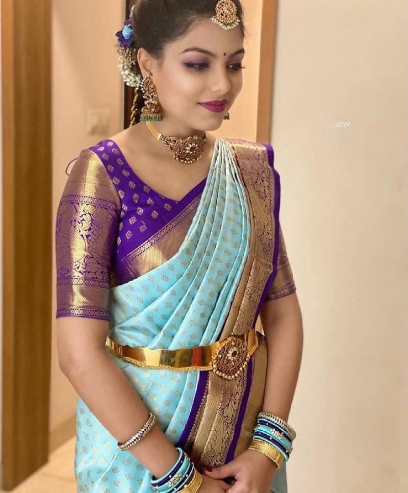 Sky blue purple soft silk blend banarasi jacuard work designer party wear saree with unstitched blouse piece