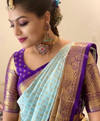 Sky blue purple silk blend banarasi saree with unstitched blouse piece 2